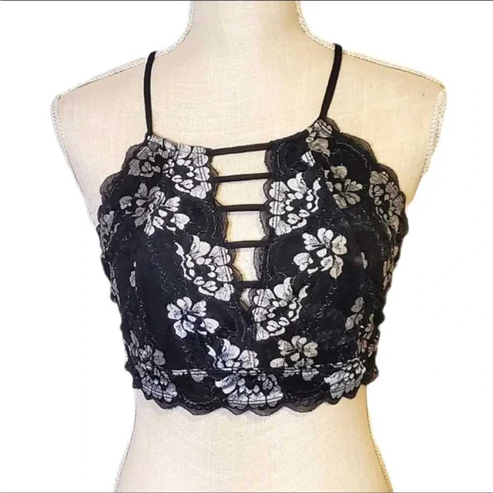 Daytrip black silver lace floral high neck bralette cami camisole crop top S